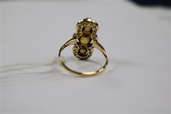 A yellow metal, cultured pearl and rose cut diamond triple cluster upfinger ring, size Q.